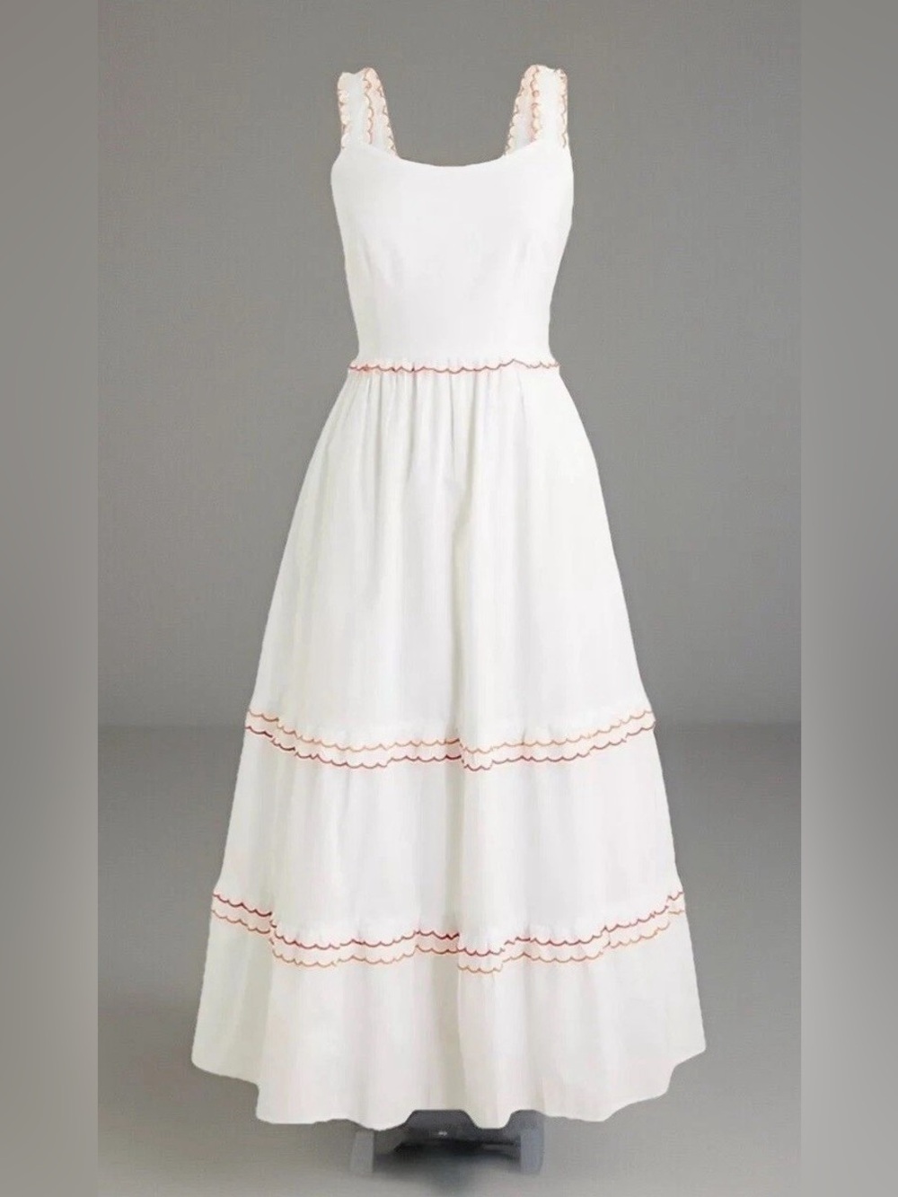 J. Crew White Maxi Dress with Red Scallop Trim